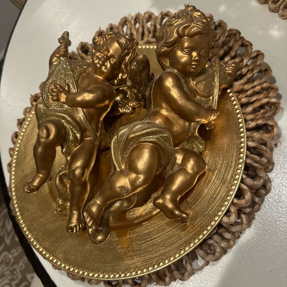 2 ANTIQUE Angel Large Gold Shiny Plastic Angels 10” Long.♥️ Cherub